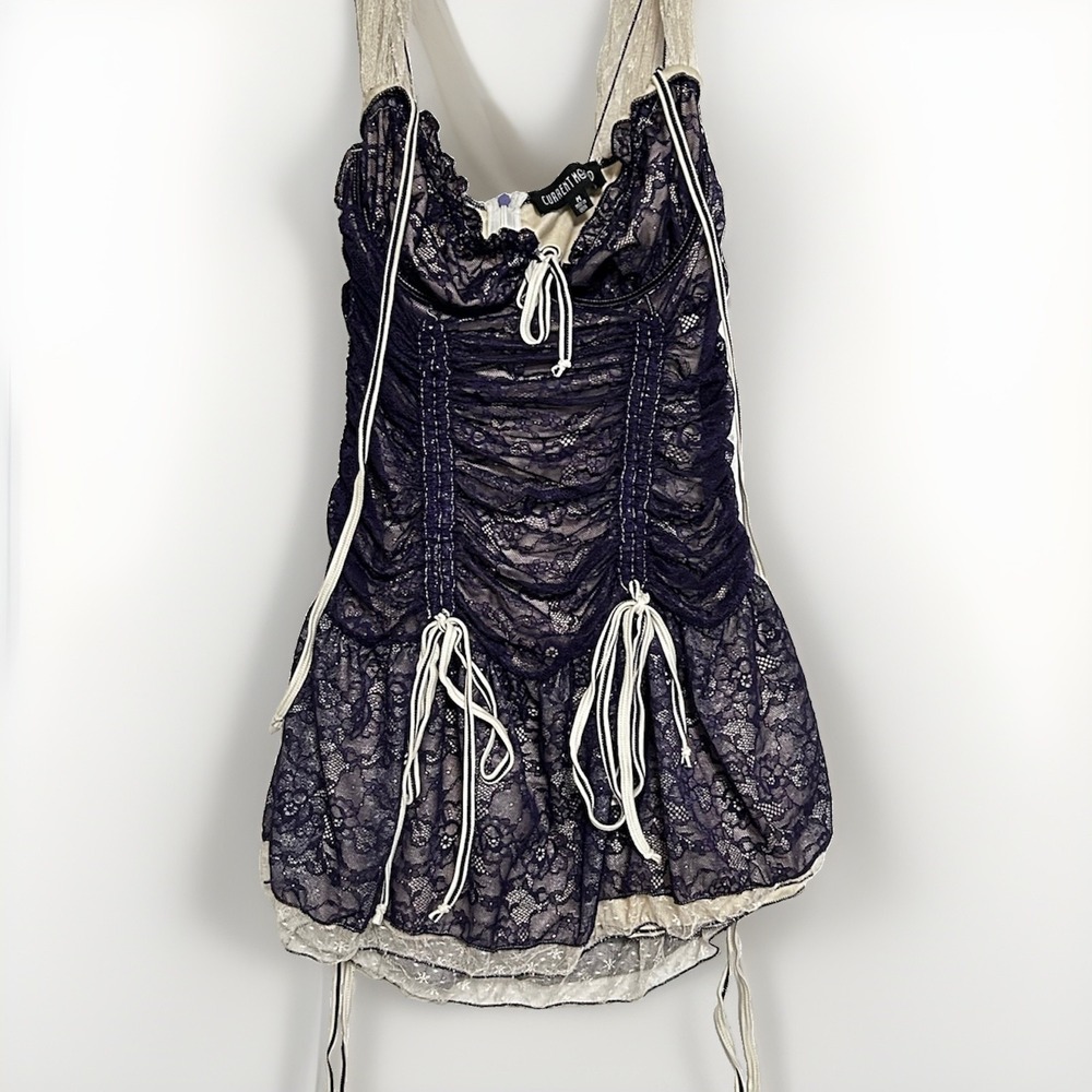 Dolls Kill Current Mood Navy Blue & Cream Lace Whimsigoth Mini Lingerie Dress M